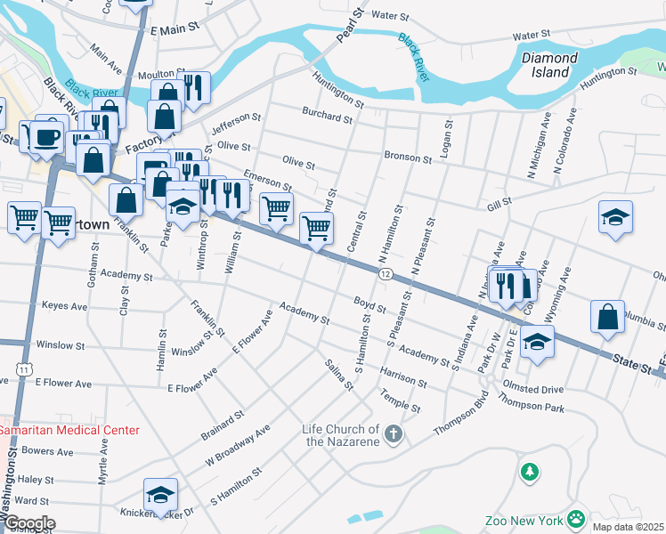 map of restaurants, bars, coffee shops, grocery stores, and more near 842 State Street in Watertown