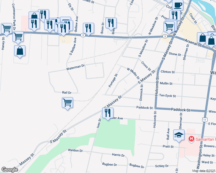 map of restaurants, bars, coffee shops, grocery stores, and more near 482 Portage Street in Watertown