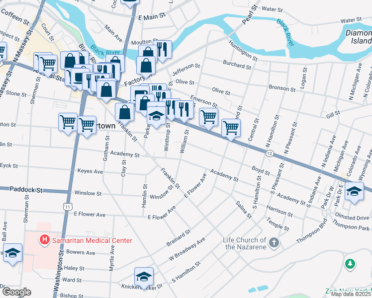 map of restaurants, bars, coffee shops, grocery stores, and more near 209 William Street in Watertown