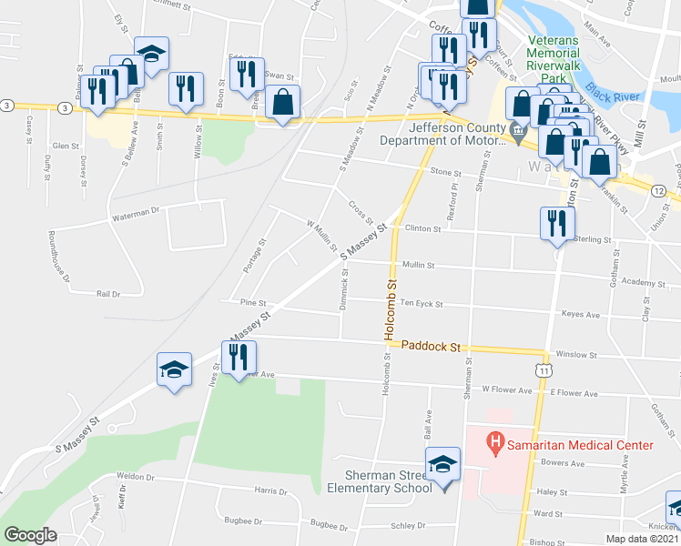map of restaurants, bars, coffee shops, grocery stores, and more near 410 Dimmick Street in Watertown