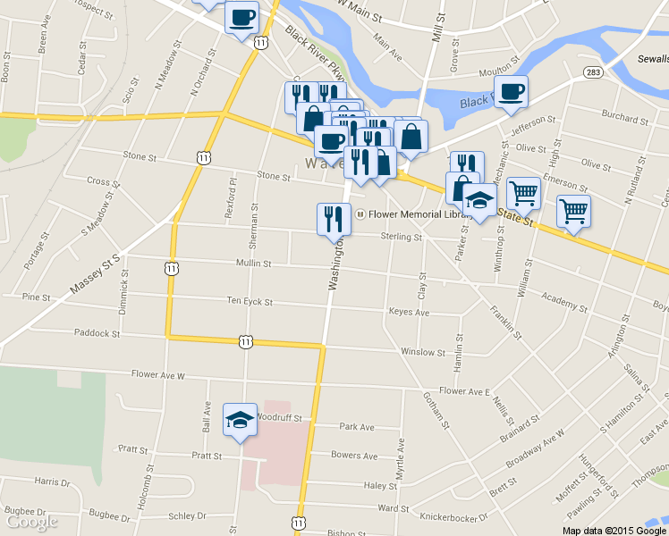 map of restaurants, bars, coffee shops, grocery stores, and more near Route 11 in Watertown