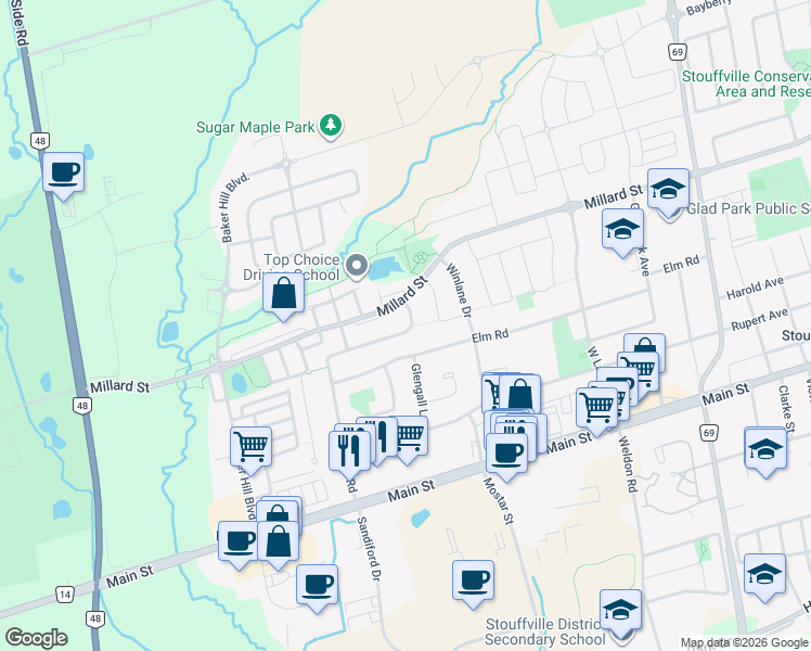 map of restaurants, bars, coffee shops, grocery stores, and more near 280 Sandale Road in Whitchurch-Stouffville