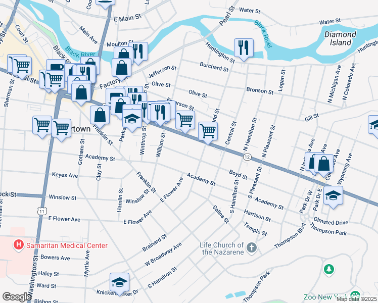 map of restaurants, bars, coffee shops, grocery stores, and more near 649 Boyd Street in Watertown