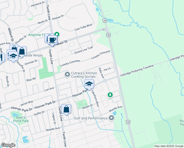 map of restaurants, bars, coffee shops, grocery stores, and more near 57 Philip Brown Avenue in Whitchurch-Stouffville