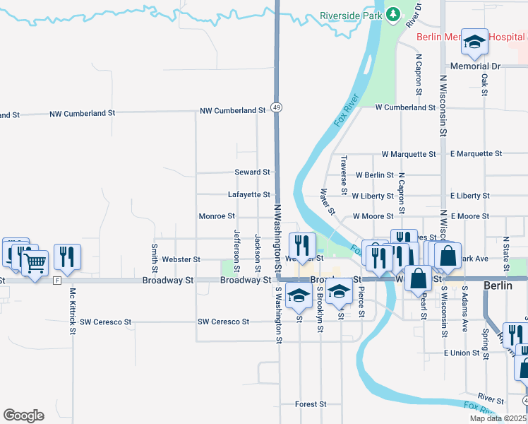 map of restaurants, bars, coffee shops, grocery stores, and more near 352 Monroe Street in Berlin