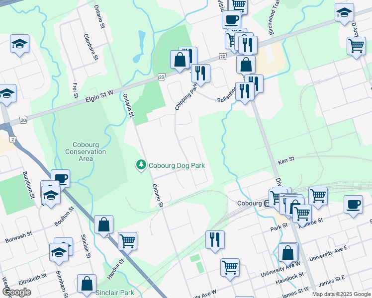 map of restaurants, bars, coffee shops, grocery stores, and more near 152 Sutherland Crescent in Cobourg