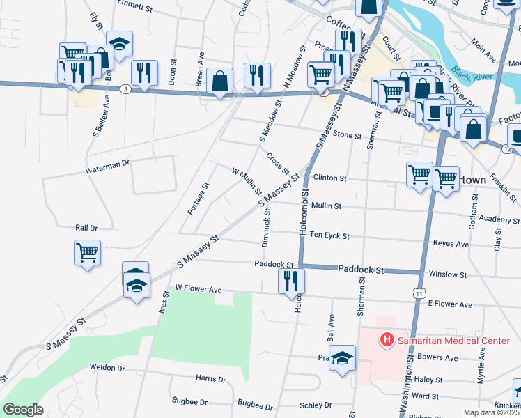 map of restaurants, bars, coffee shops, grocery stores, and more near 423 South Massey Street in Watertown