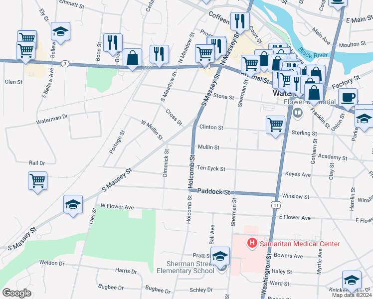 map of restaurants, bars, coffee shops, grocery stores, and more near 309 Mullin Street in Watertown