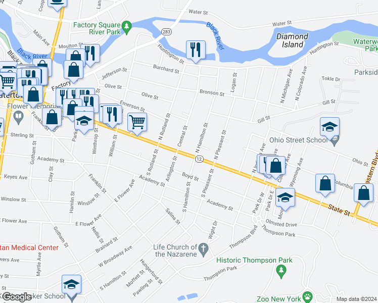 map of restaurants, bars, coffee shops, grocery stores, and more near 927 State Street in Watertown
