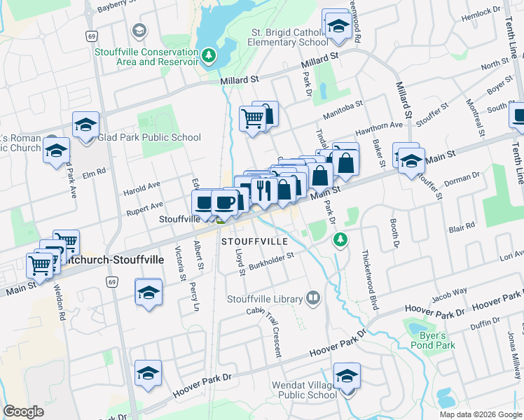 map of restaurants, bars, coffee shops, grocery stores, and more near 6246 Main Street in Whitchurch-Stouffville