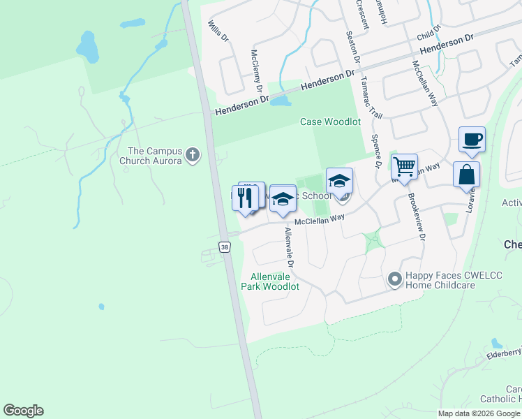 map of restaurants, bars, coffee shops, grocery stores, and more near 22 Cashel Court in Aurora