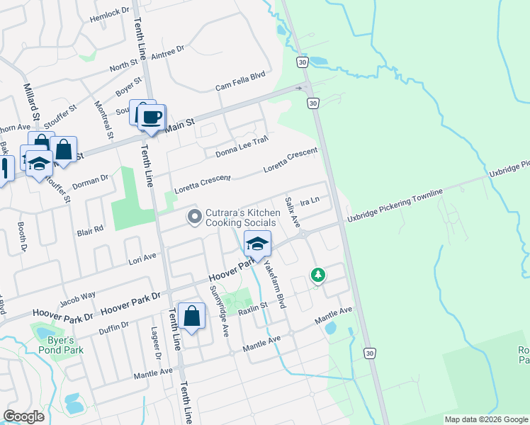 map of restaurants, bars, coffee shops, grocery stores, and more near 61 Philip Brown Avenue in Whitchurch-Stouffville