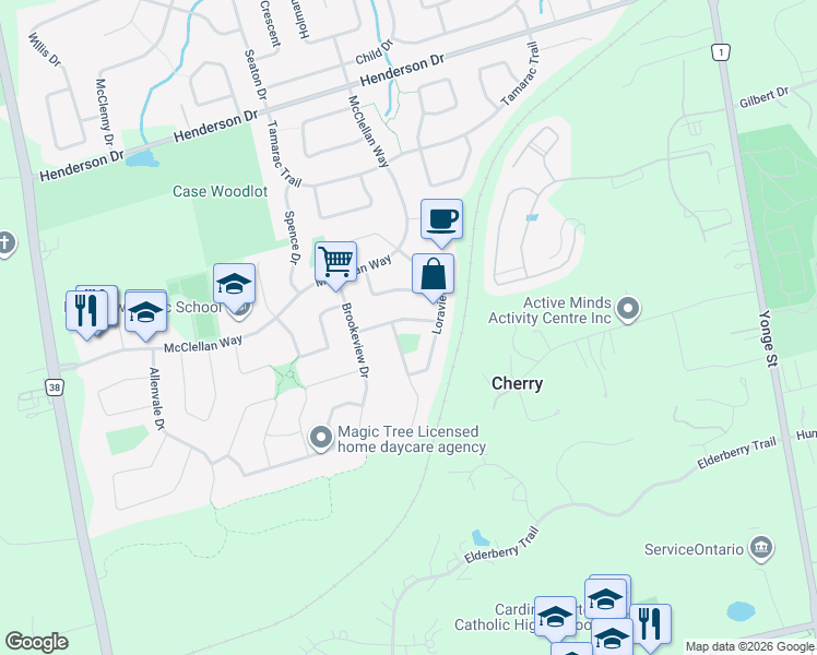 map of restaurants, bars, coffee shops, grocery stores, and more near 59 Buttonwood Trail in Aurora