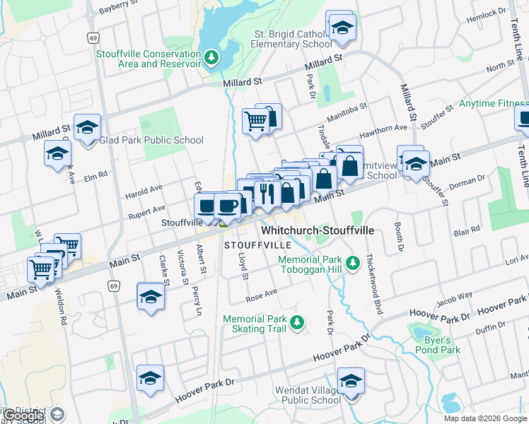 map of restaurants, bars, coffee shops, grocery stores, and more near 6246 Main Street in Whitchurch-Stouffville
