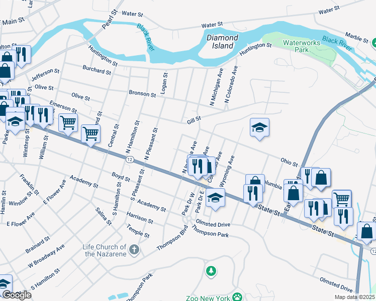map of restaurants, bars, coffee shops, grocery stores, and more near 190 North Indiana Avenue in Watertown