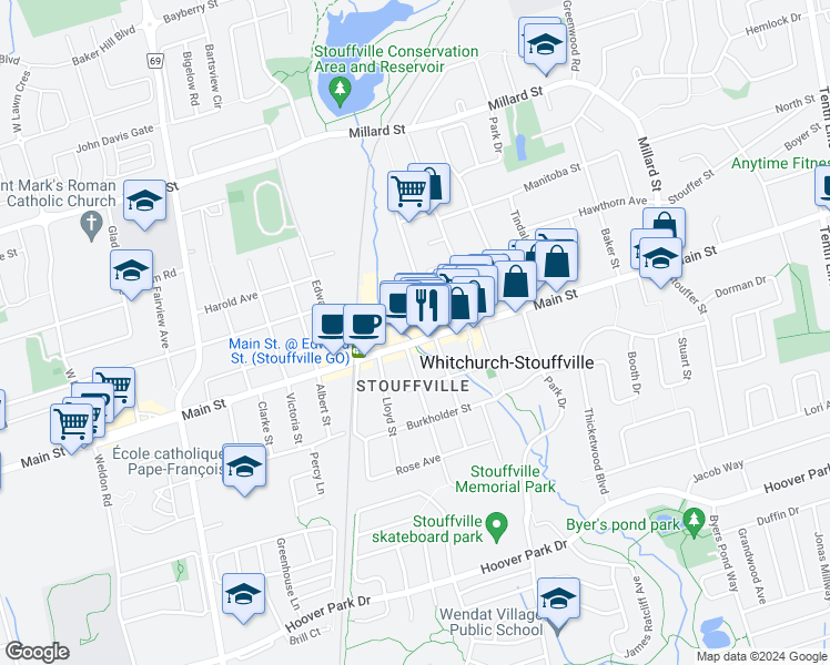 map of restaurants, bars, coffee shops, grocery stores, and more near 6273 Main Street in Whitchurch-Stouffville