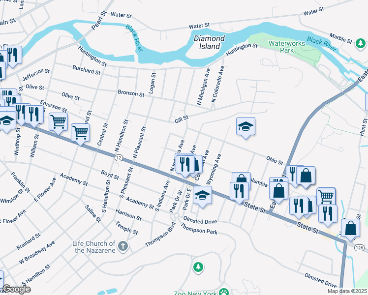 map of restaurants, bars, coffee shops, grocery stores, and more near 190 North Indiana Avenue in Watertown