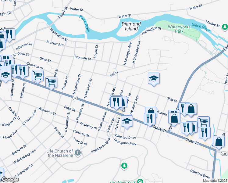 map of restaurants, bars, coffee shops, grocery stores, and more near 190 North Indiana Avenue in Watertown