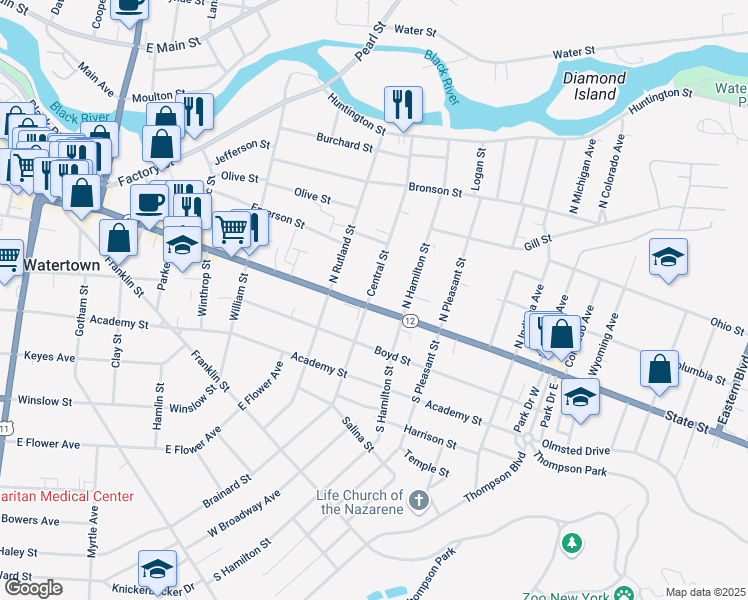 map of restaurants, bars, coffee shops, grocery stores, and more near 905 State Street in Watertown