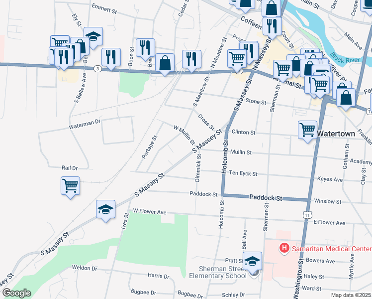 map of restaurants, bars, coffee shops, grocery stores, and more near 423 South Massey Street in Watertown