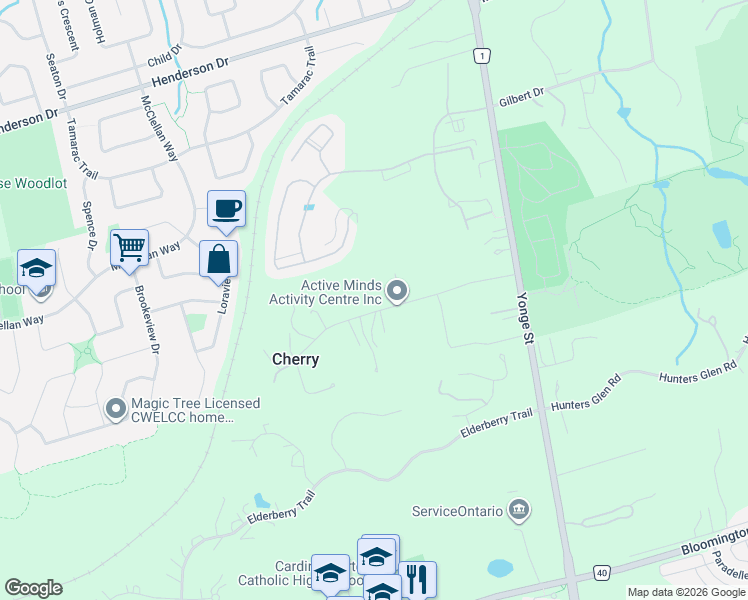 map of restaurants, bars, coffee shops, grocery stores, and more near 170 Ridge Road in Aurora