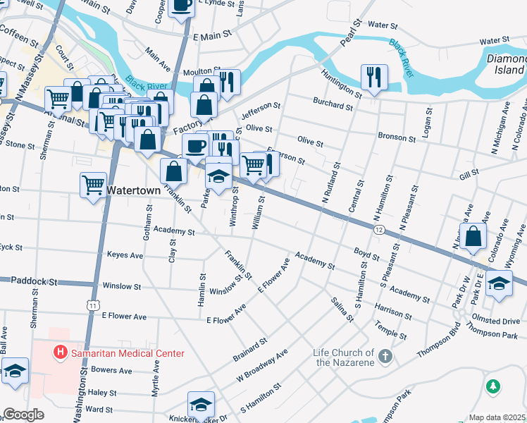 map of restaurants, bars, coffee shops, grocery stores, and more near 137 William Street in Watertown