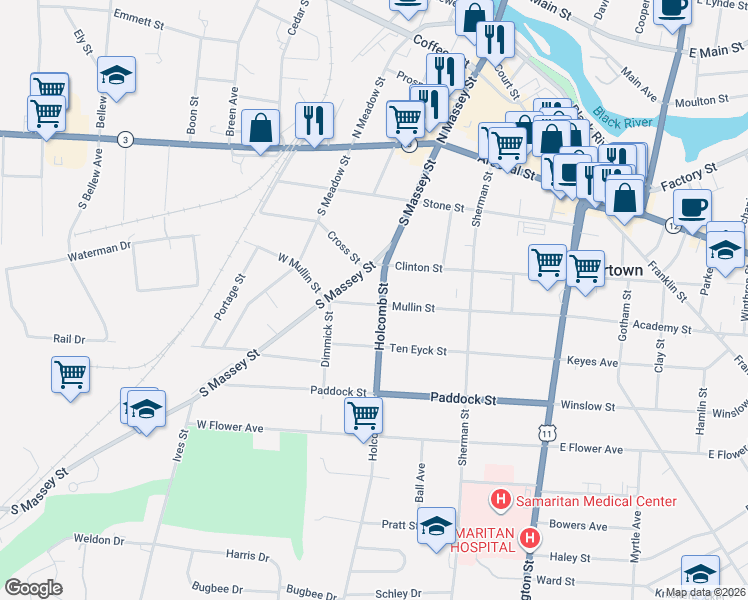 map of restaurants, bars, coffee shops, grocery stores, and more near 304 Mullin Street in Watertown