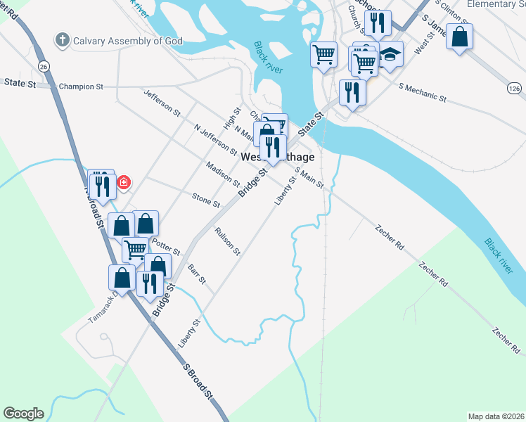 map of restaurants, bars, coffee shops, grocery stores, and more near 20 Liberty Street in Carthage