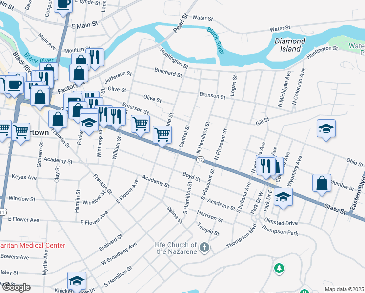 map of restaurants, bars, coffee shops, grocery stores, and more near 842 State Street in Watertown