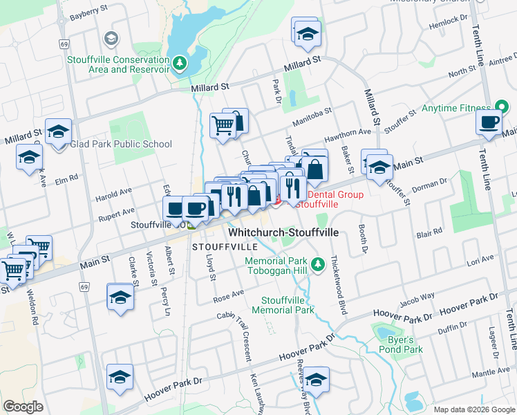map of restaurants, bars, coffee shops, grocery stores, and more near 6304 Main Street in Whitchurch-Stouffville