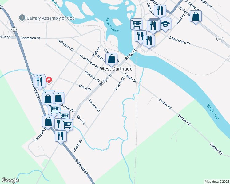 map of restaurants, bars, coffee shops, grocery stores, and more near 7 Liberty Street in Carthage