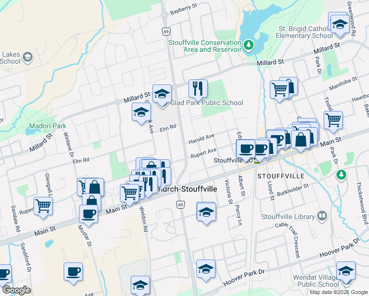 map of restaurants, bars, coffee shops, grocery stores, and more near 12333 Ninth Line in Whitchurch-Stouffville