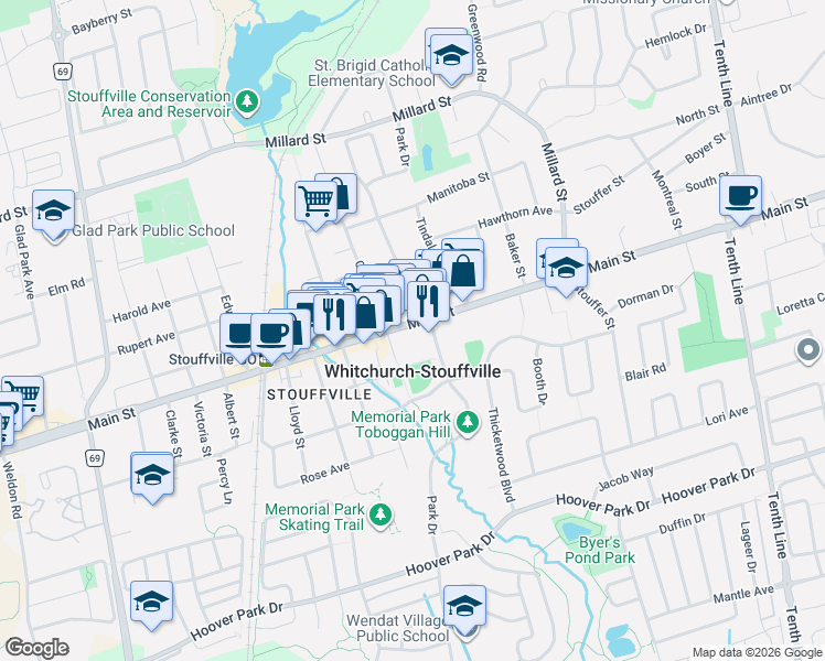 map of restaurants, bars, coffee shops, grocery stores, and more near 6385 Main Street in Whitchurch-Stouffville