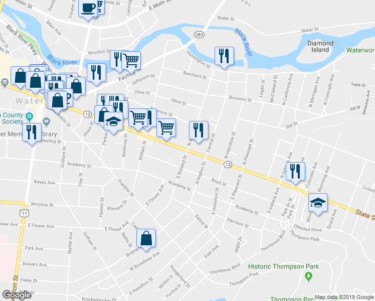 map of restaurants, bars, coffee shops, grocery stores, and more near State Street & Rutland Street South in Watertown