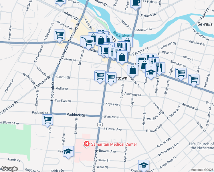 map of restaurants, bars, coffee shops, grocery stores, and more near 317 Washington Street in Watertown