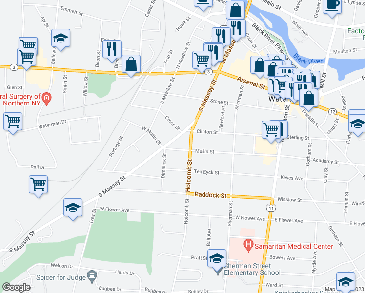 map of restaurants, bars, coffee shops, grocery stores, and more near 312 Mullin Street in Watertown