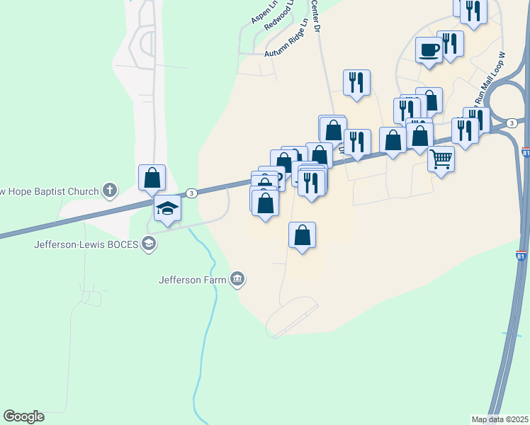 map of restaurants, bars, coffee shops, grocery stores, and more near 21847 Towne Center Drive in Watertown
