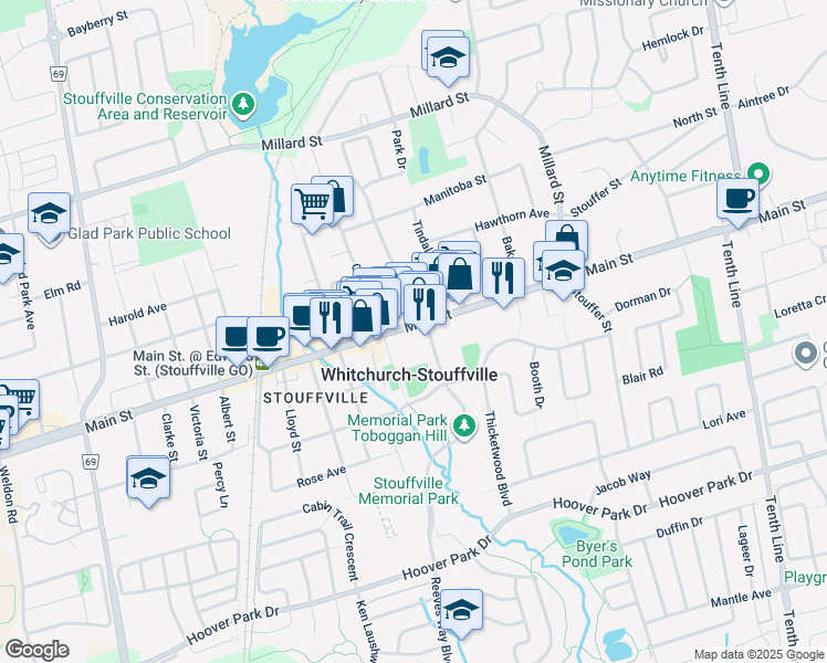 map of restaurants, bars, coffee shops, grocery stores, and more near 6372 Main Street in Whitchurch-Stouffville