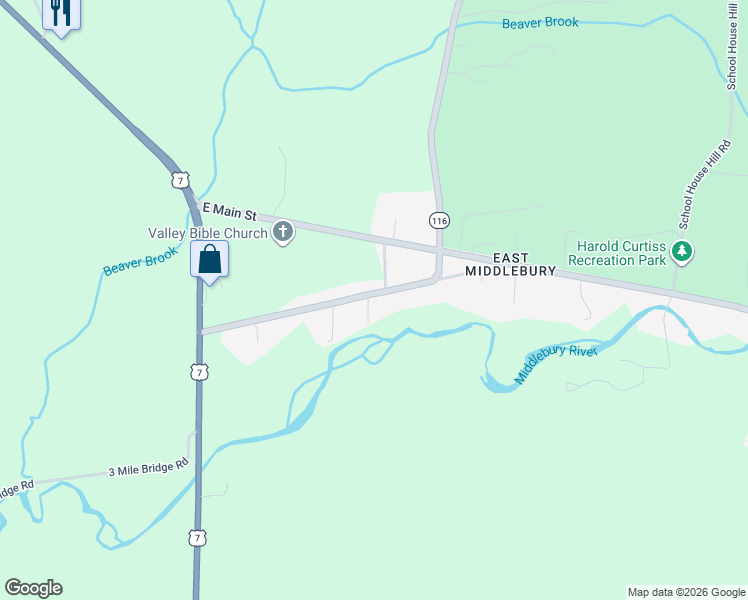 map of restaurants, bars, coffee shops, grocery stores, and more near 51 Vermont 116 in Addison County