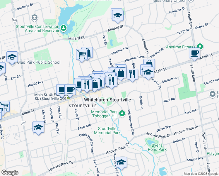 map of restaurants, bars, coffee shops, grocery stores, and more near 6372 Main Street in Whitchurch-Stouffville