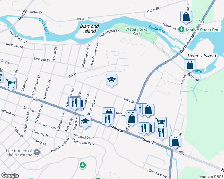 map of restaurants, bars, coffee shops, grocery stores, and more near 1537 Ohio Street in Watertown