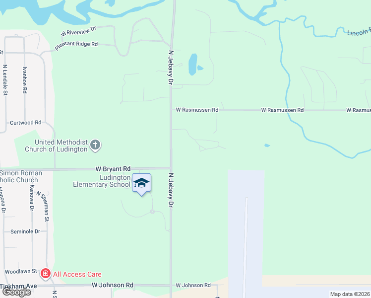 map of restaurants, bars, coffee shops, grocery stores, and more near 904 North Jebavy Drive in Ludington