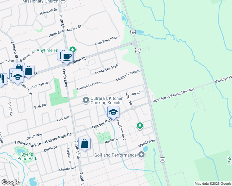map of restaurants, bars, coffee shops, grocery stores, and more near Greenforest Grove in Whitchurch-Stouffville