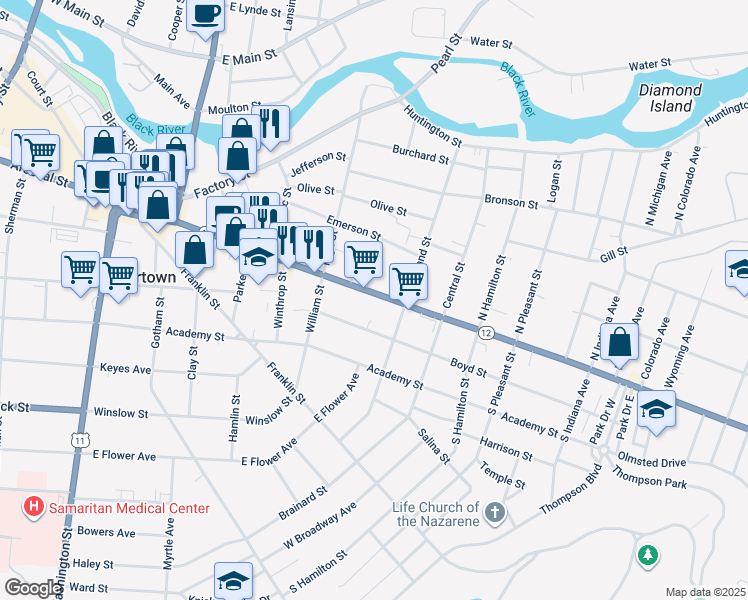 map of restaurants, bars, coffee shops, grocery stores, and more near 653 State Street in Watertown