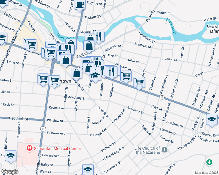 map of restaurants, bars, coffee shops, grocery stores, and more near 528 State Street in Watertown