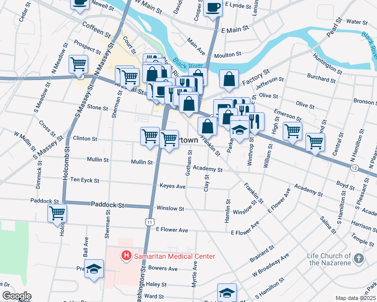map of restaurants, bars, coffee shops, grocery stores, and more near in Watertown