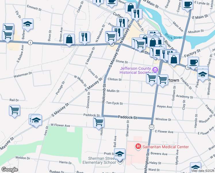 map of restaurants, bars, coffee shops, grocery stores, and more near 303 Clinton Street in Watertown