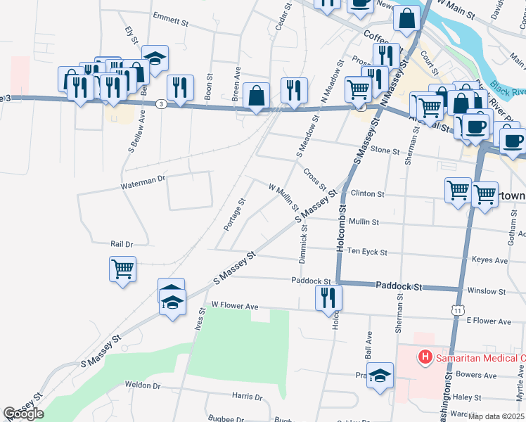 map of restaurants, bars, coffee shops, grocery stores, and more near 414 South Meadow Street in Watertown