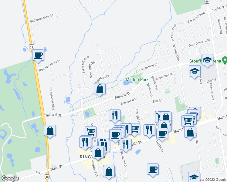 map of restaurants, bars, coffee shops, grocery stores, and more near All Points Drive in Whitchurch-Stouffville