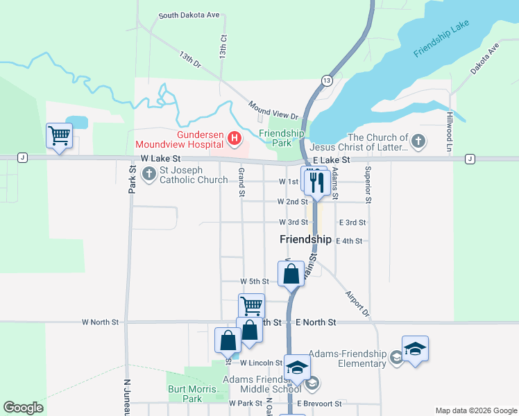 map of restaurants, bars, coffee shops, grocery stores, and more near 304 West 2nd Street in Friendship